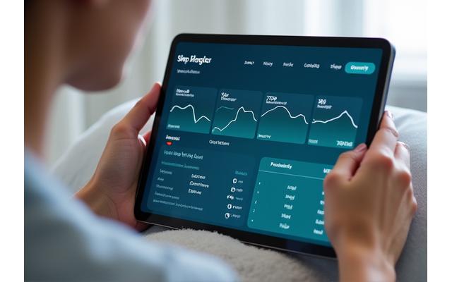 Persona usando una tableta con una interfaz interactiva de seguimiento de sueño, mostrando gráficos y datos de calidad de sueño.