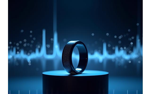 Un Oura Ring Gen3 en un expositor, con gráficos animados y datos de sueño proyectados sutilmente alrededor para mostrar sus capacidades.