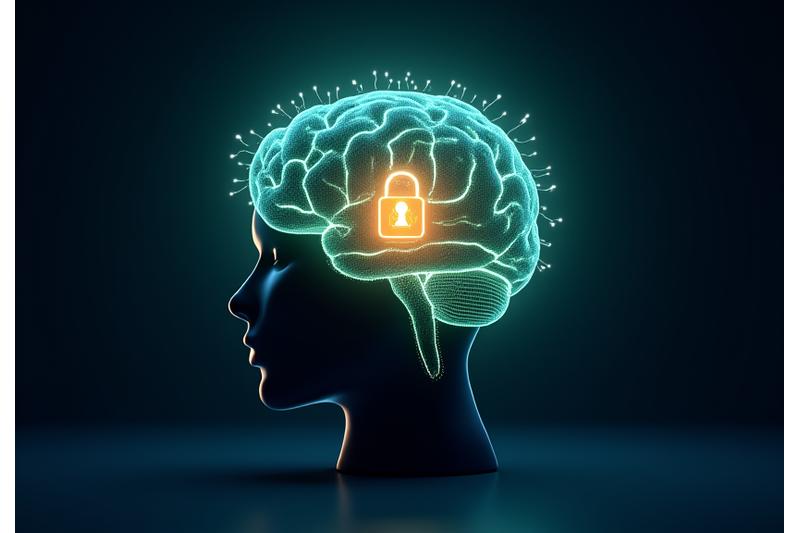 Un cerebro humano iluminado con formas geométricas y nodos de conexión, simbolizando ideas y protección de la propiedad intelectual.